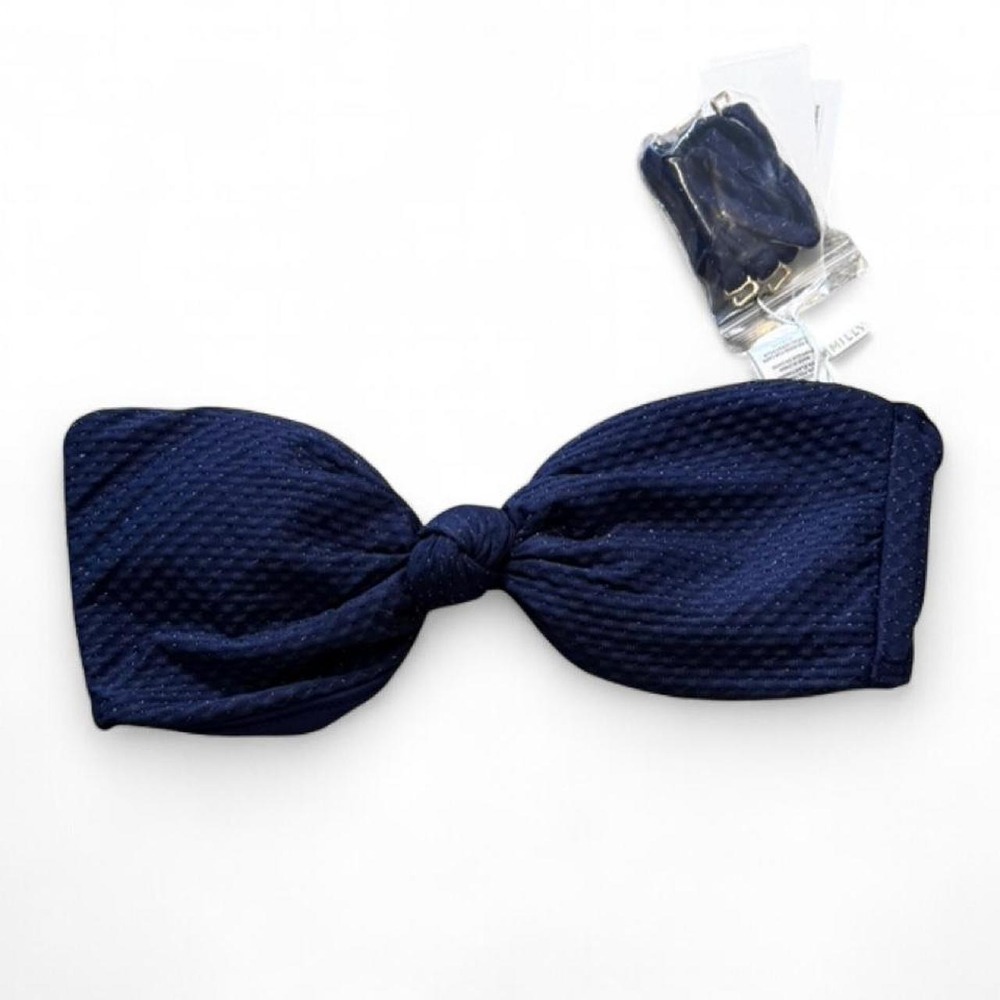 Milly Navy Textured Metallic Knot Bandeau Bikini Top, Women's Size S